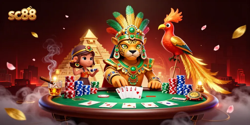 Experience the thrill with SC88's vibrant online casino atmosphere featuring poker elements and cinematic art.