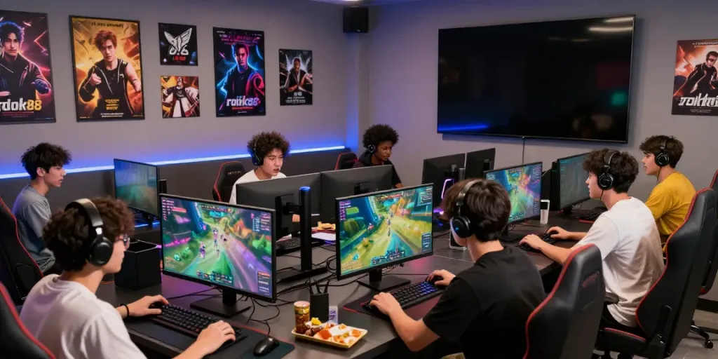 Engaged players enjoying the online game rokok88 in a vibrant gaming lounge.