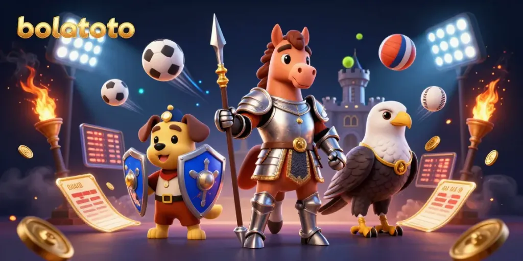 Win big with bolatoto: dynamic illustration of knights and sports elements in a casino setting.