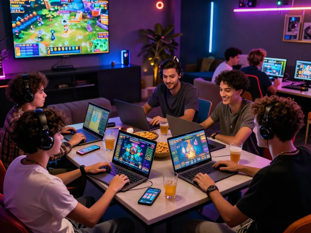 Exciting group playing slot games online, showcasing devices and vibrant atmosphere.