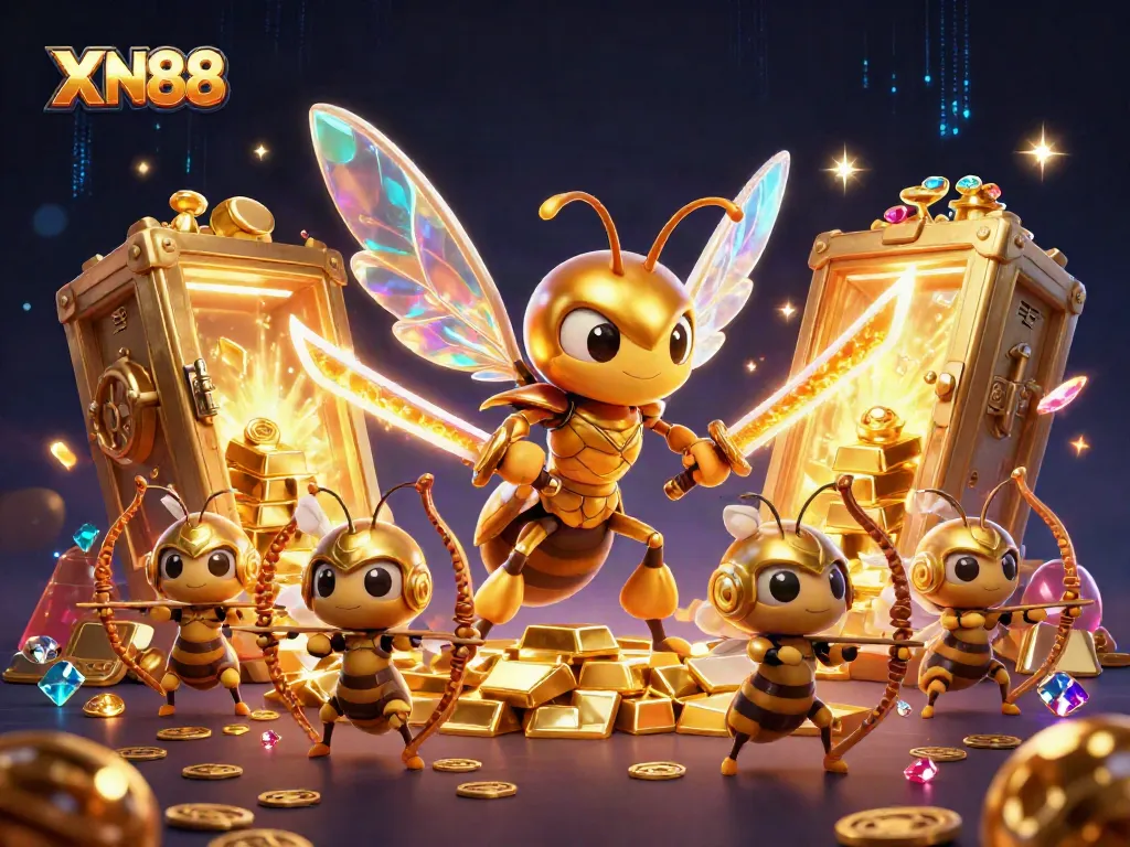 Experience winnings with XN88's captivating 3D samurai hornet and gold treasures.