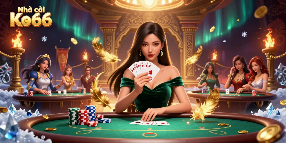 Experience thrilling gambling action at Nhà cái Ko66 with a beautiful player at a luxury poker table.
