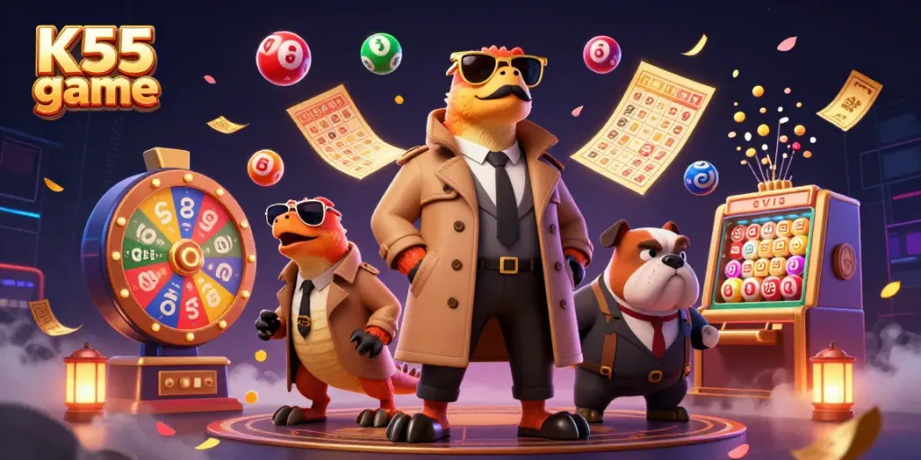 K55 game illustration with cartoon raptors entering a VIP casino lounge amid vibrant lottery elements.
