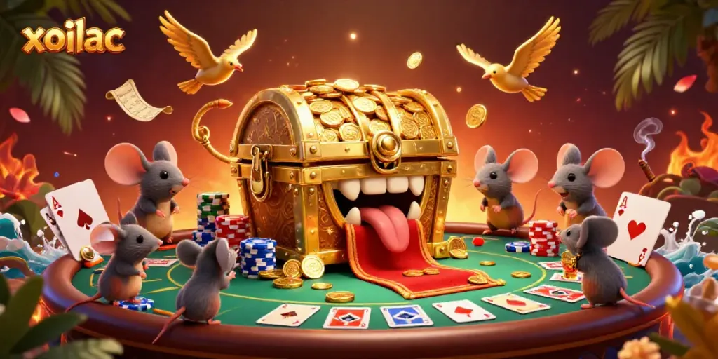 Experience thrilling wins with xoilac's vibrant poker action amidst golden treasure and rich details.