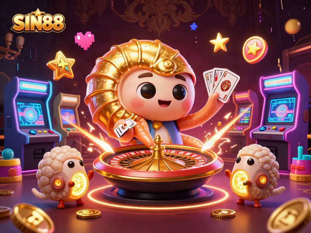 Experience thrilling gameplay at SIN88 with a vibrant 3D casino scene featuring unique characters and game elements.