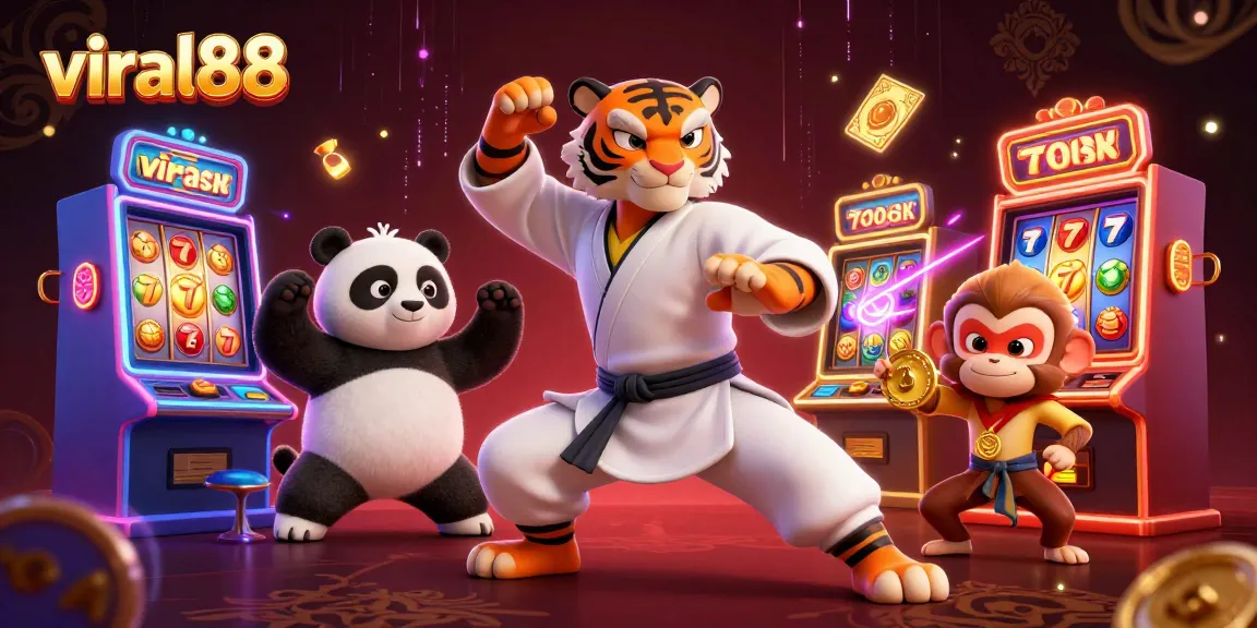 Experience vibrant gaming action with viral88 as 3D characters engage around slot machines in a colorful casino.