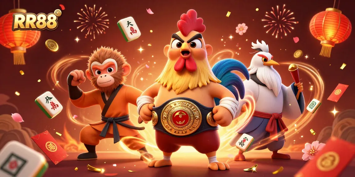 RR88 players engage in exciting betting with a vibrant illustration of a Muay Thai rooster, Shaolin monkey, and crane master.