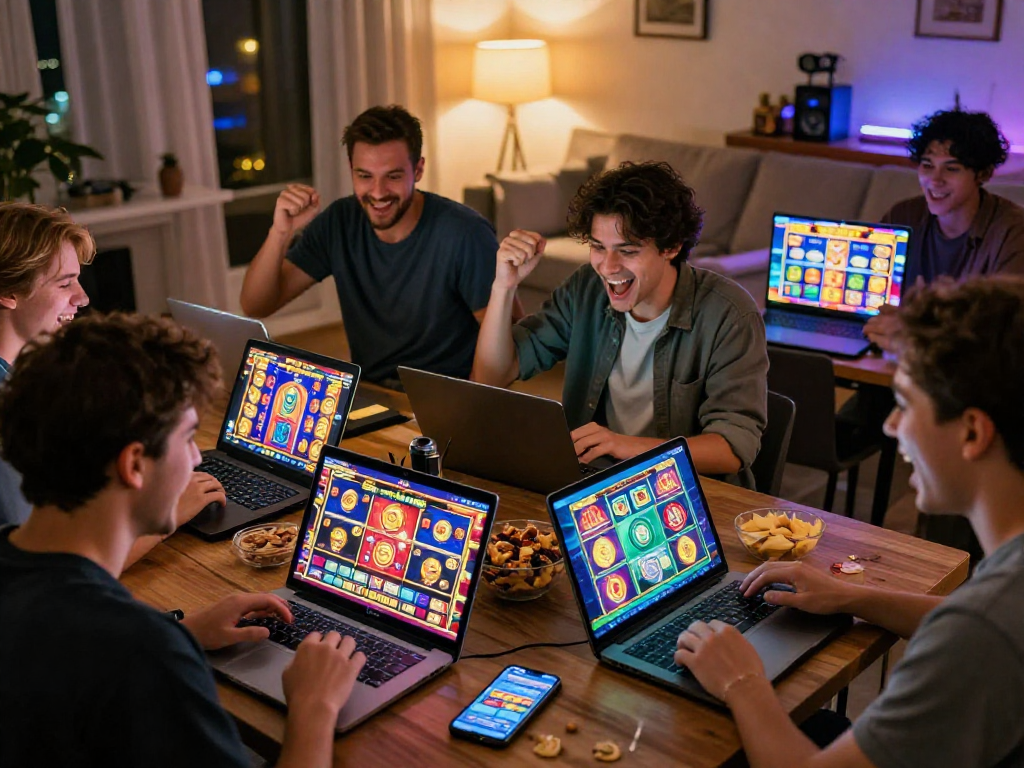 Excited players enjoying gacor online slot games at home with vibrant graphics.