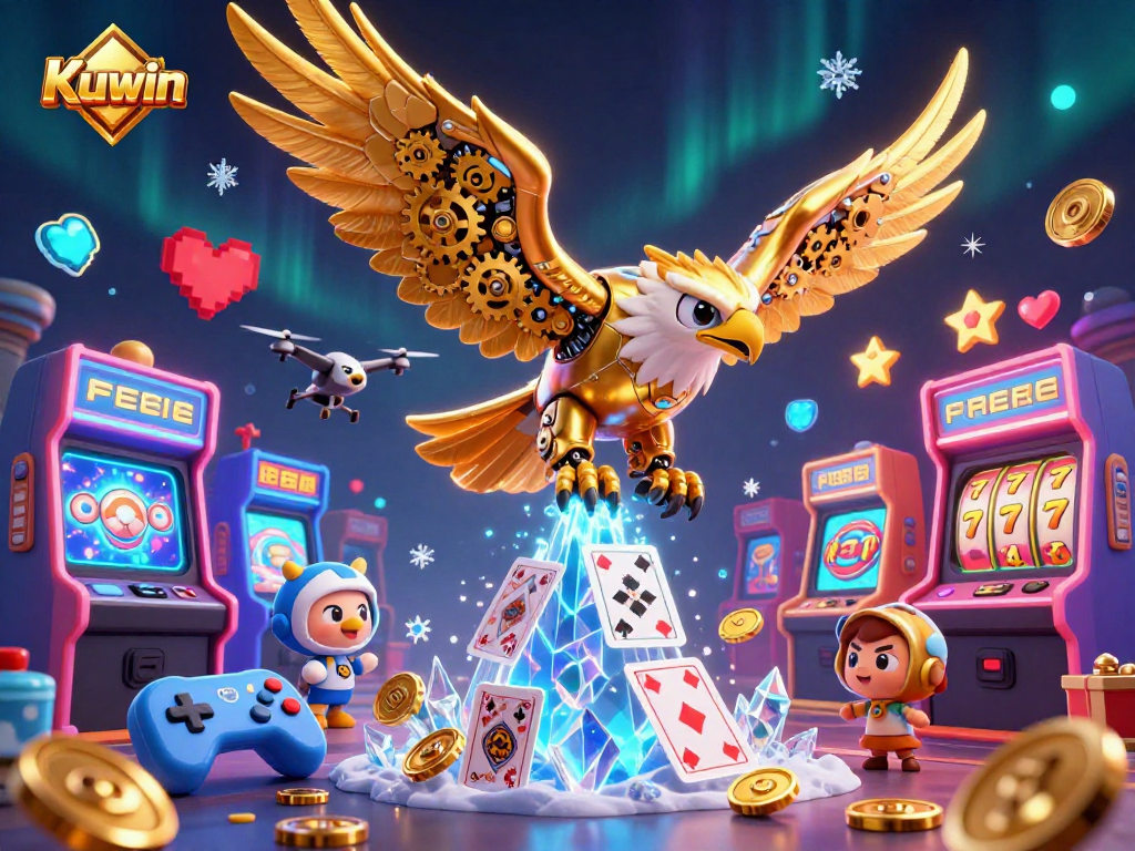 Kuwin's cybernetic eagle character dives through holographic playing cards in a vibrant casino scene