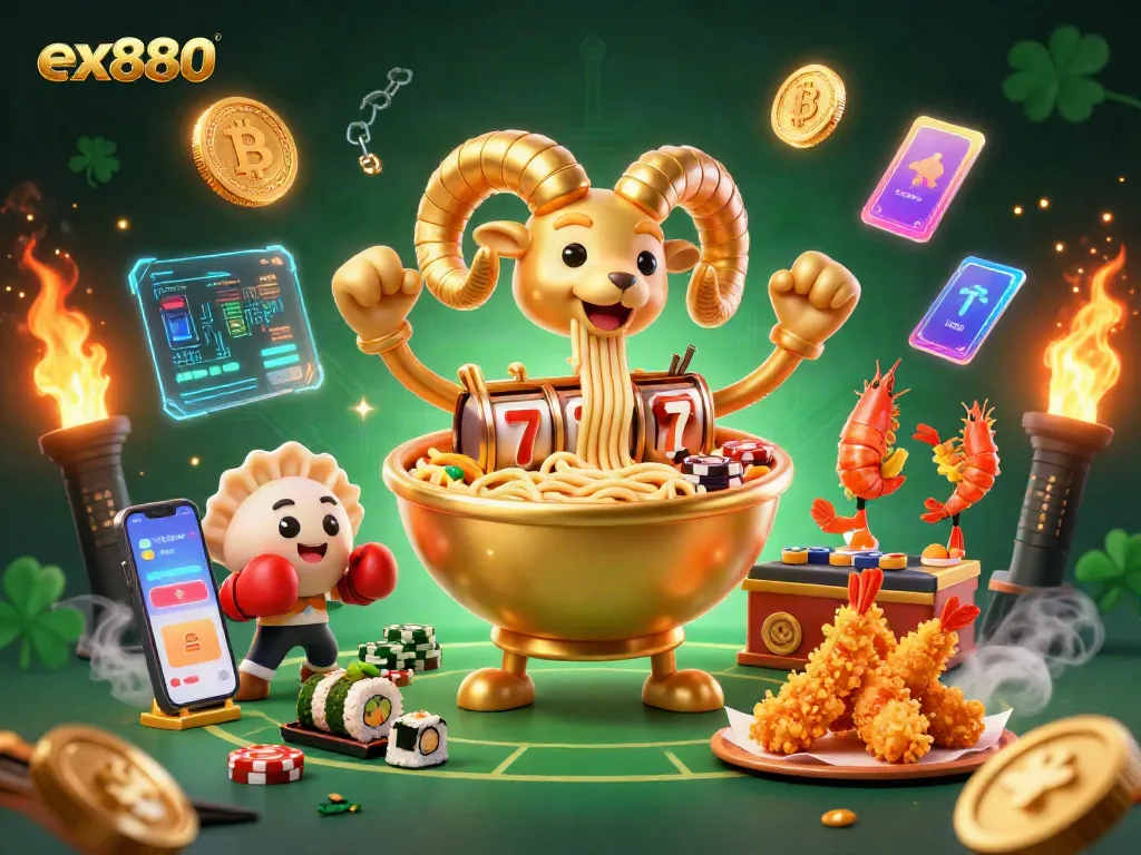 Engage in exciting gambling adventures with ex880's golden ramen bowl dealer and vibrant casino elements.