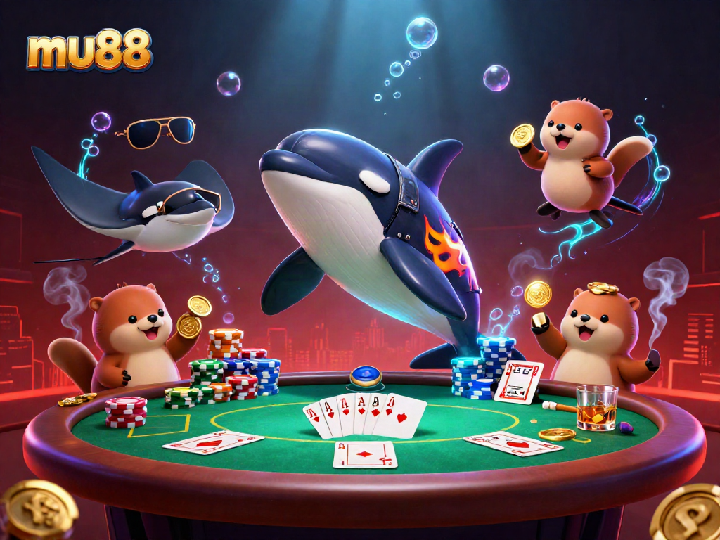 mu88 showcasing an orca whale, stingray, and otters involved in a vibrant casino scene filled with excitement
