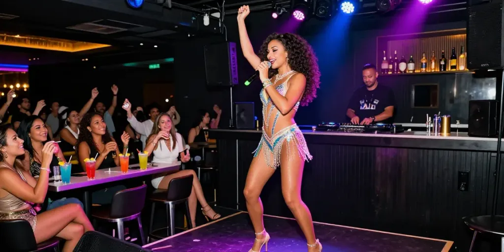 Miami stripper performing with vibrant lights and energetic audience in a lively nightclub setting