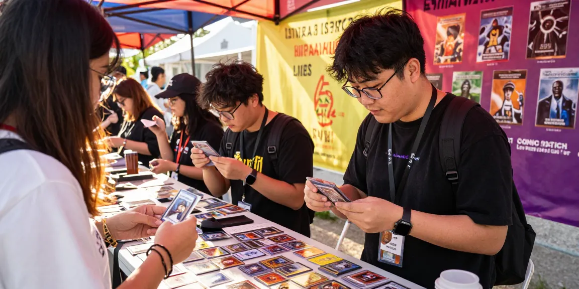 オリパ おすすめのトレーディングカードを披露している若者と賑やかなイベントの背景