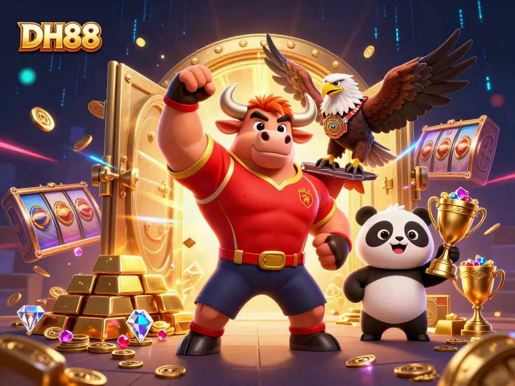 Win big with DH88 in this vibrant casino scene showcasing dynamic slot reels and a victory celebration.