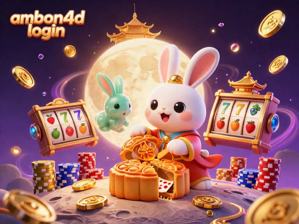 Experience the magic of ambon4d login with an engaging 3D illustration showcasing moon rabbits and lively casino elements.