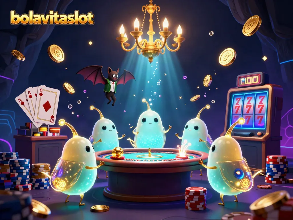 bolavitaslot showcases a vibrant casino scene with glowworms, coins, and jackpot elements.