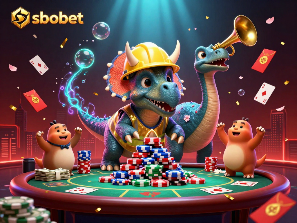 sbobet brings excitement as the triceratops builds poker chips, celebrating victory with friends.