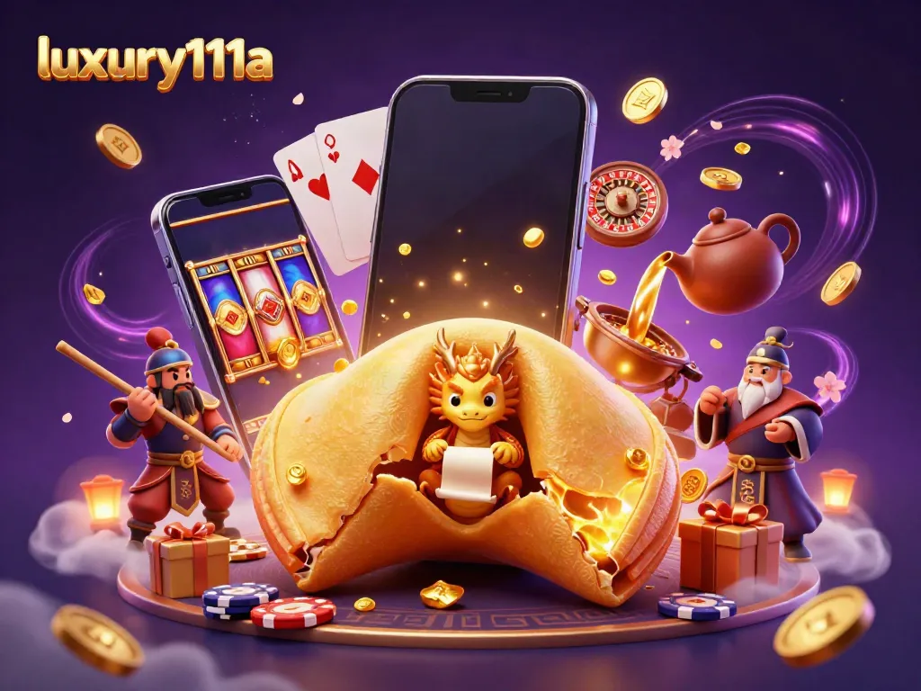 Engage with luxury111a as a golden fortune cookie reveals a wise dragon amidst vibrant casino elements.