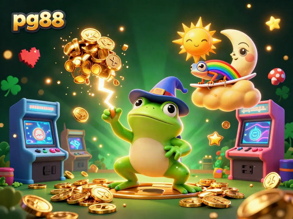 Experience thrilling gaming action with pg88 featuring a wizard frog and a chameleon amidst a storm of coins.