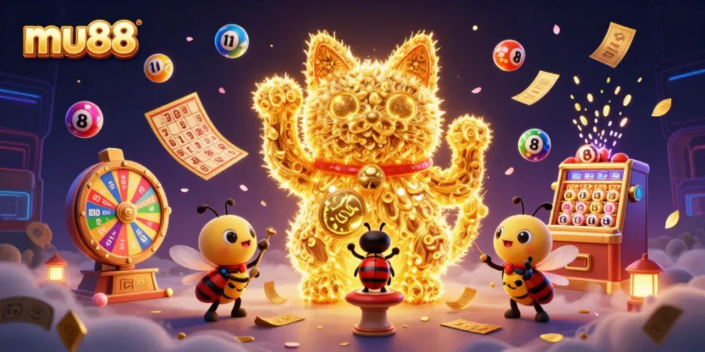 Engage with mu88's thrilling atmosphere, featuring a lucky cat and vibrant casino symbols.