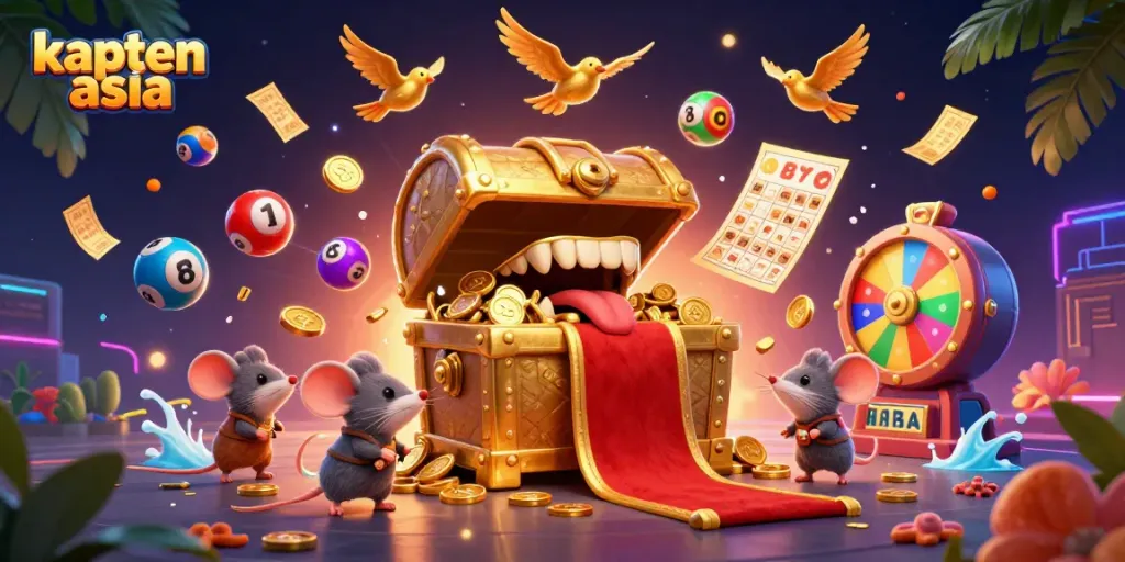 Kapten Asia menyajikan ilustrasi kasino online dengan peti harta emas yang menggoda dan elemen permainan yang menarik.