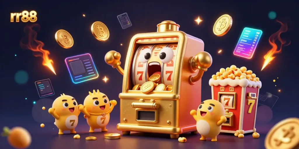 Win big at rr88 with a joyful slot machine celebrating its jackpot, surrounded by lively casino elements.