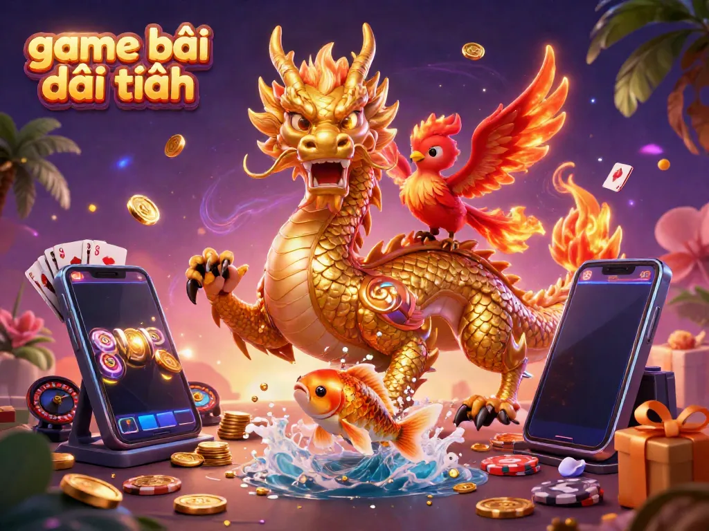 Engage in thrilling game bài đổi thưởng with a dazzling dragon, phoenix, and koi fish amidst vibrant casino elements.