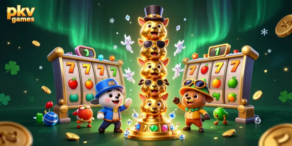 Engage in thrilling pkv games with a vibrant cartoon scene of an animated totem pole and dynamic gambling elements.