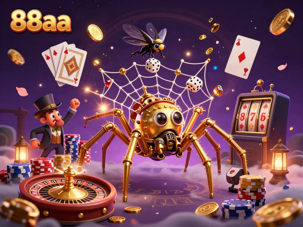 Experience big wins with 88aa at a lively casino, featuring a golden spider and charming characters.