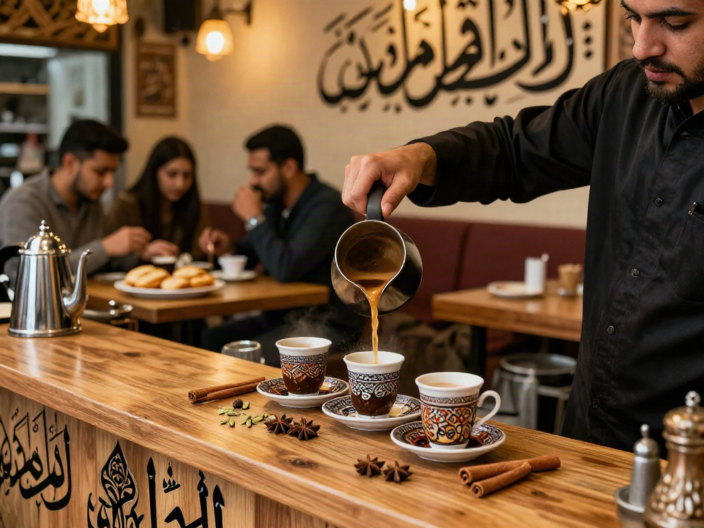 تحضير قھوجیین في مقهى عربي مع بارستا تسكب القهوة في أكواب مزخرفة.