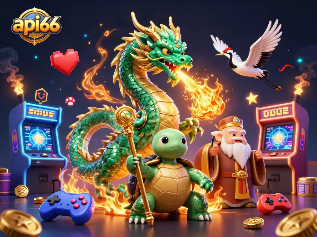 Experience the thrill of api66 gaming with a vibrant dragon, turtle sage, and dynamic casino elements!