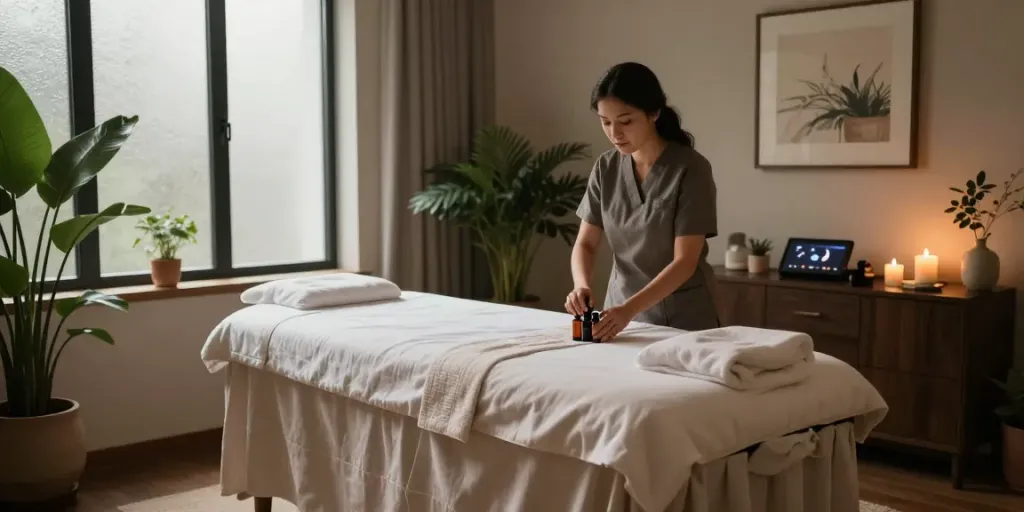 구미오피를 경험할 수 있는 현대적인 웰니스 센터 내부 모습으로, 휴식과 편안함을 제공하는 공간을 보여줍니다.