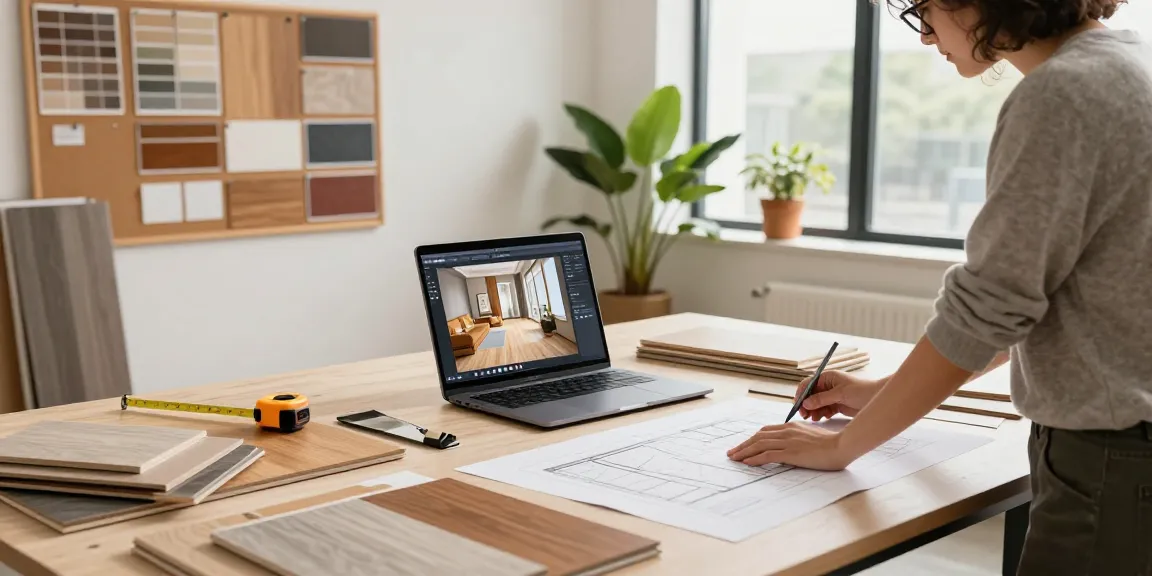 Flooring software demo in a modern workspace with flooring samples and a designer drafting digital layouts.