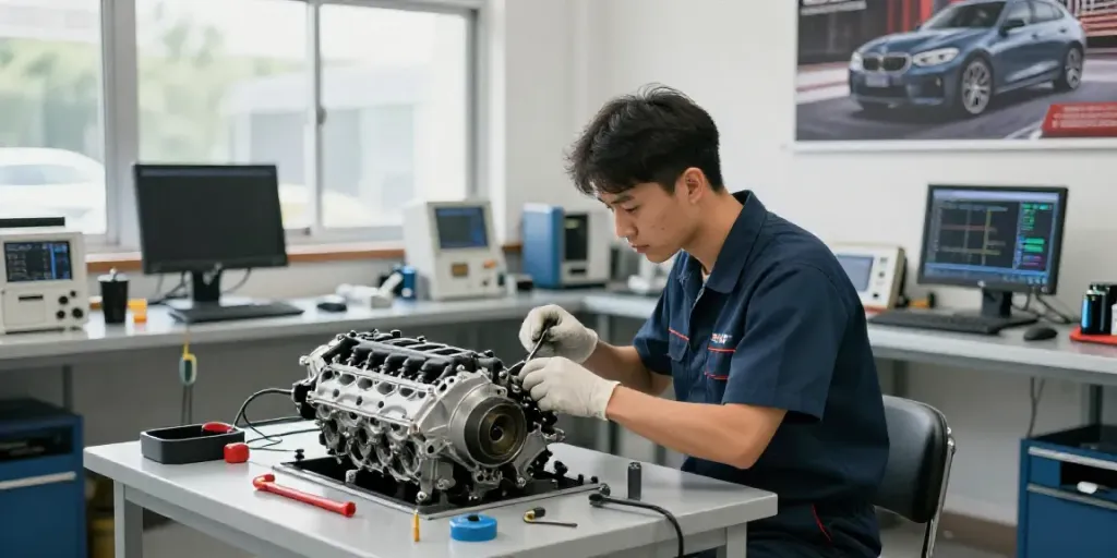 Expert technician inspecting BMW engine at automotive workshop in Hannover.