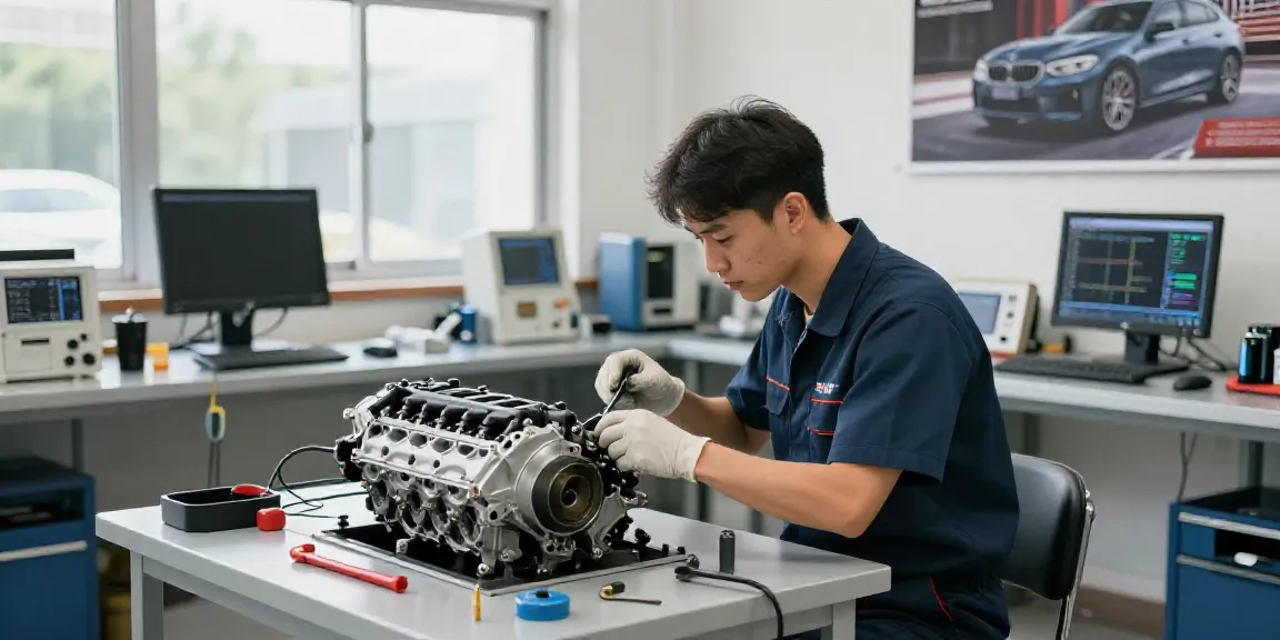 Expert technician inspecting BMW engine at automotive workshop in Hannover.
