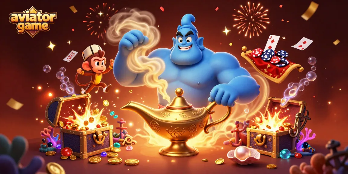 Engage with the thrilling aviator game featuring a magical genie and poker elements in a dynamic casino scene.