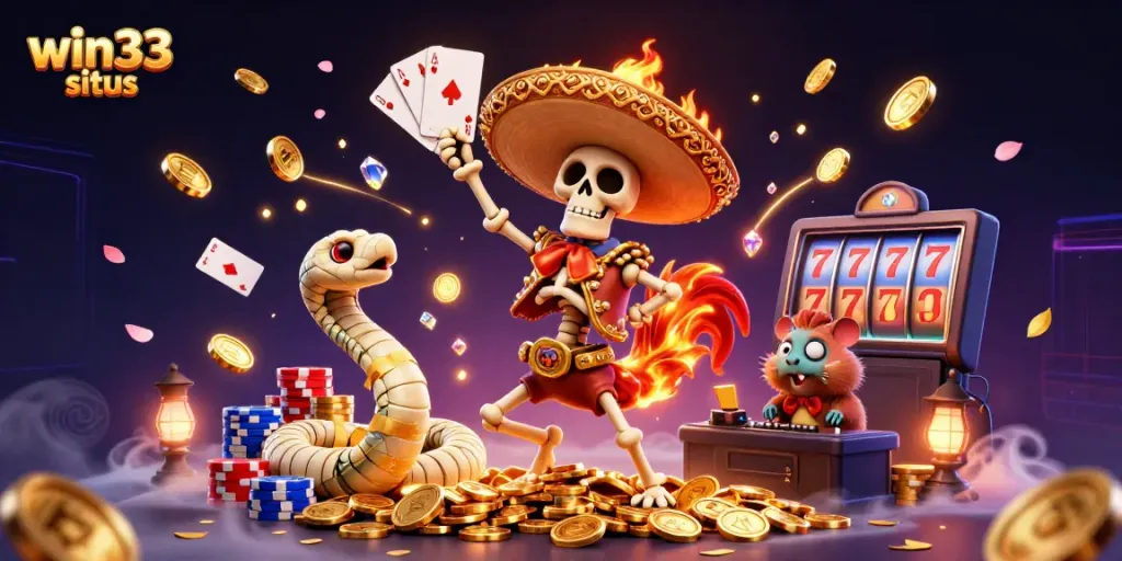 Experience the excitement with win33 situs, showcasing vibrant characters and dynamic casino elements.