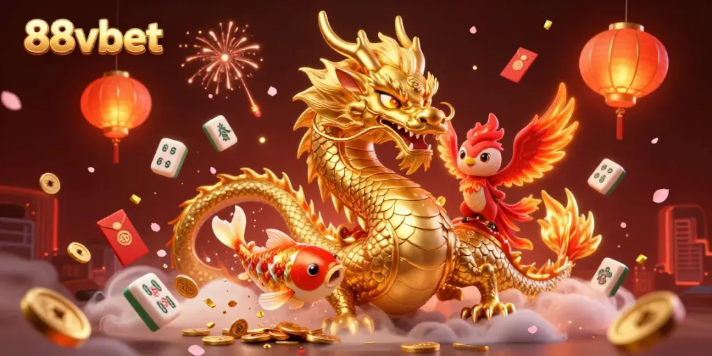 Experience the excitement of 88vbet with a fierce dragon, phoenix, and koi fish amidst a vibrant casino scene.