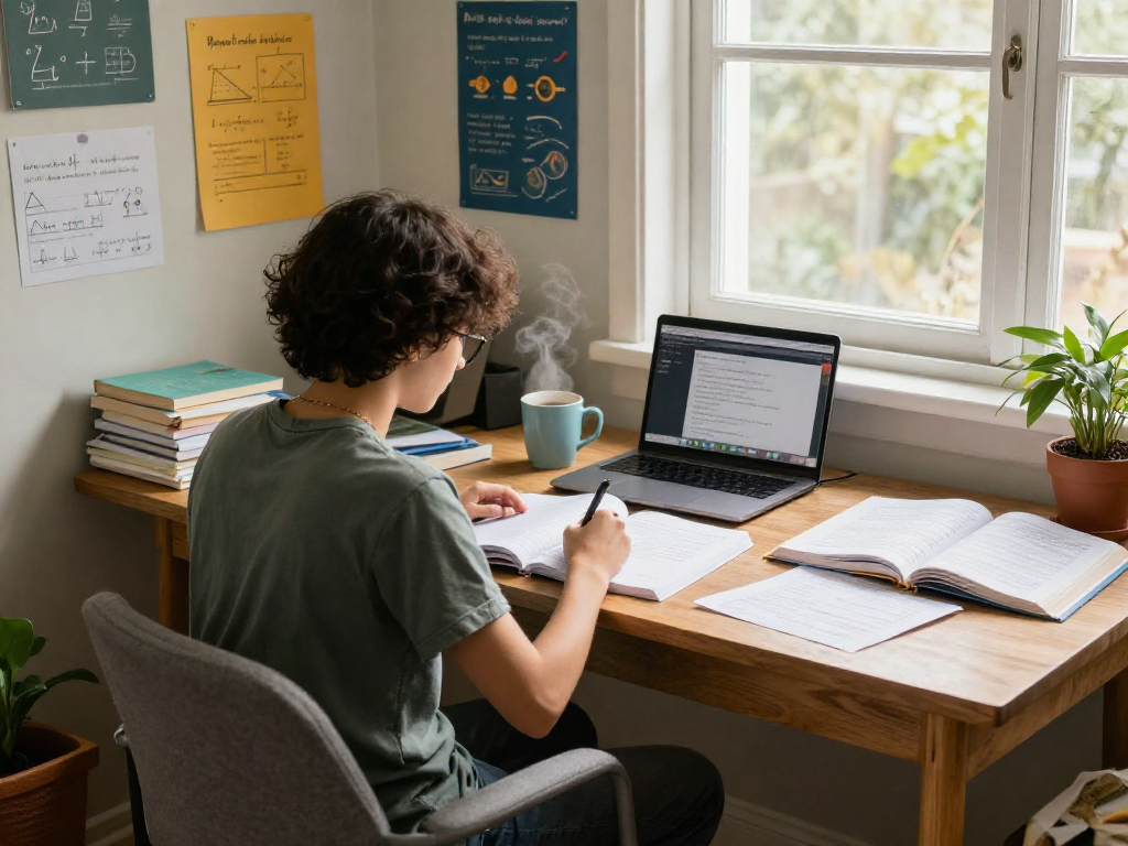 Student engaged in tuition classes near me, studying with books and a laptop in a cozy home study.