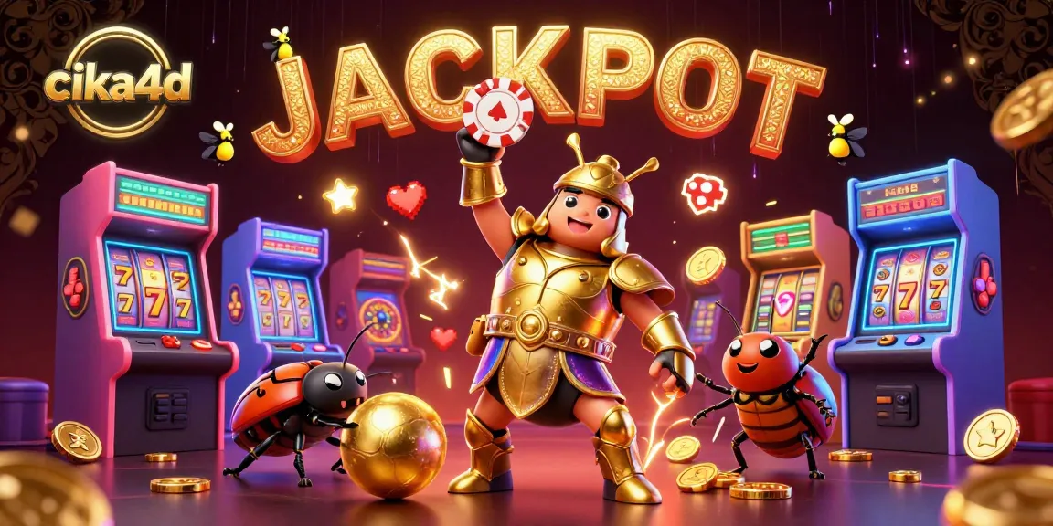 Cika4d showcases a dynamic casino victory scene with a 3D hercules beetle and vibrant gaming elements.