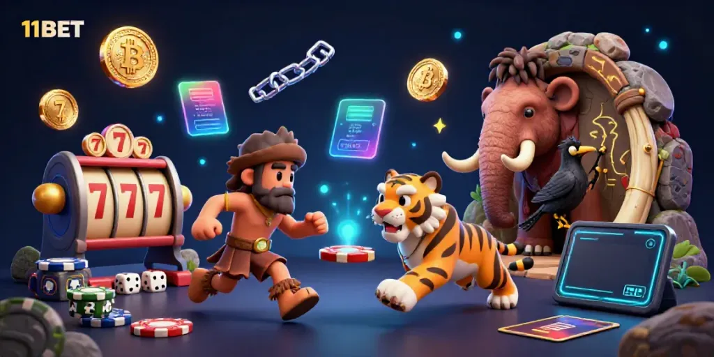 Experience thrilling gameplay at 11BET with vibrant casino elements and a lively prehistoric theme.