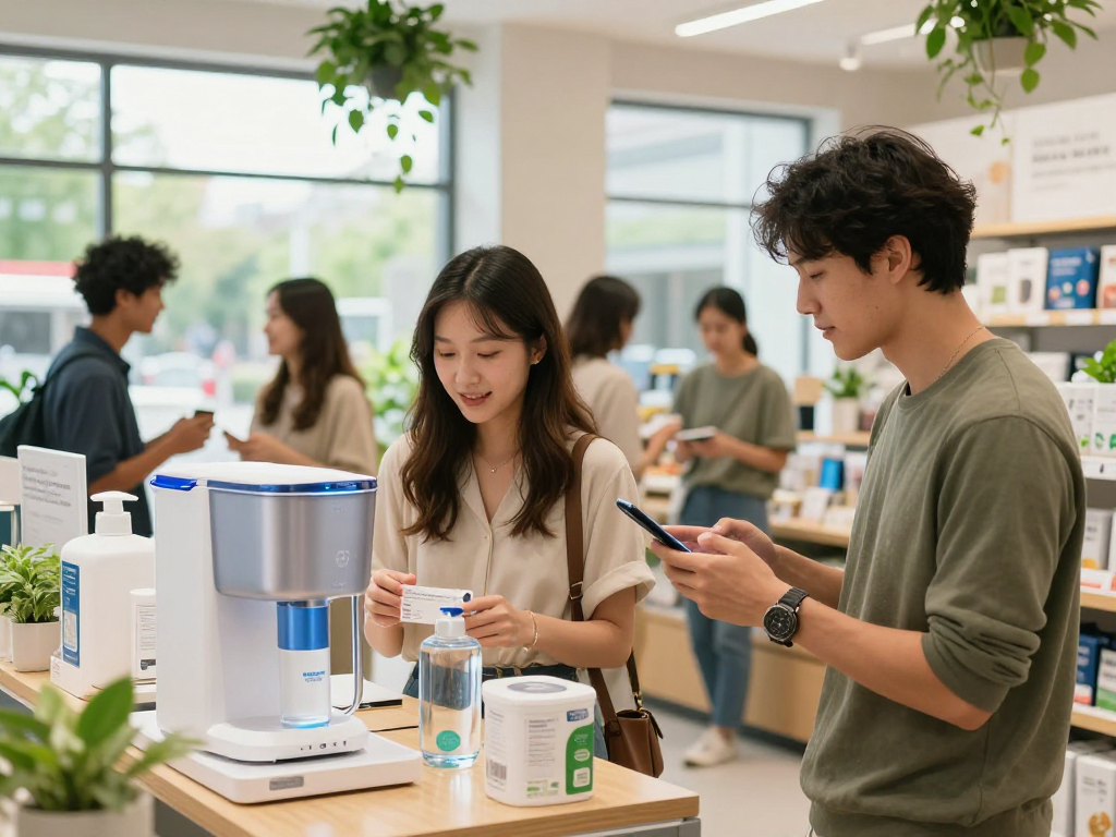 Customers exploring eco-friendly products at https://www.ebbfilter.com/shop in a vibrant retail environment.