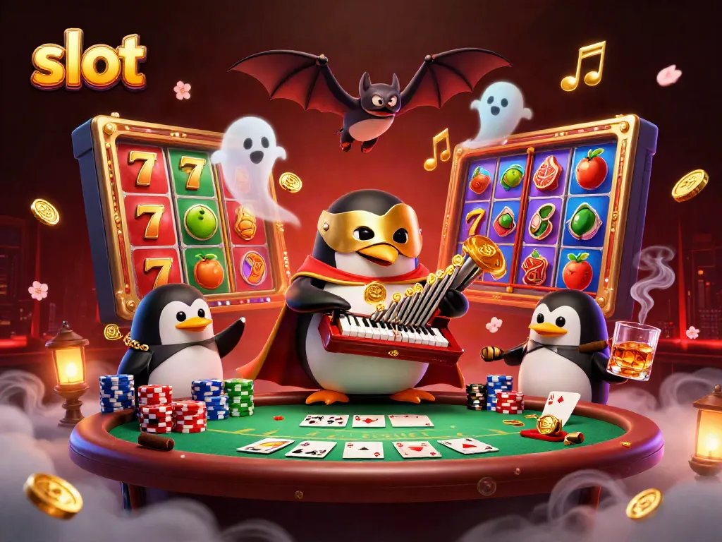 Experience thrilling slots with a penguin playing a pipe organ that shoots golden coins in a vibrant casino scene.