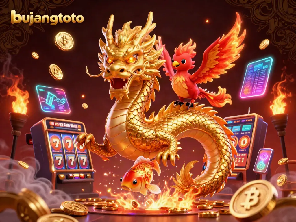 Bujangtoto players experience thrills with golden dragon, phoenix, and koi fish amidst casino excitement.