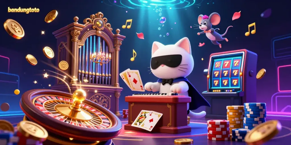 Experience the excitement of bandungtoto as a white cat and acrobat celebrate with casino treasures.