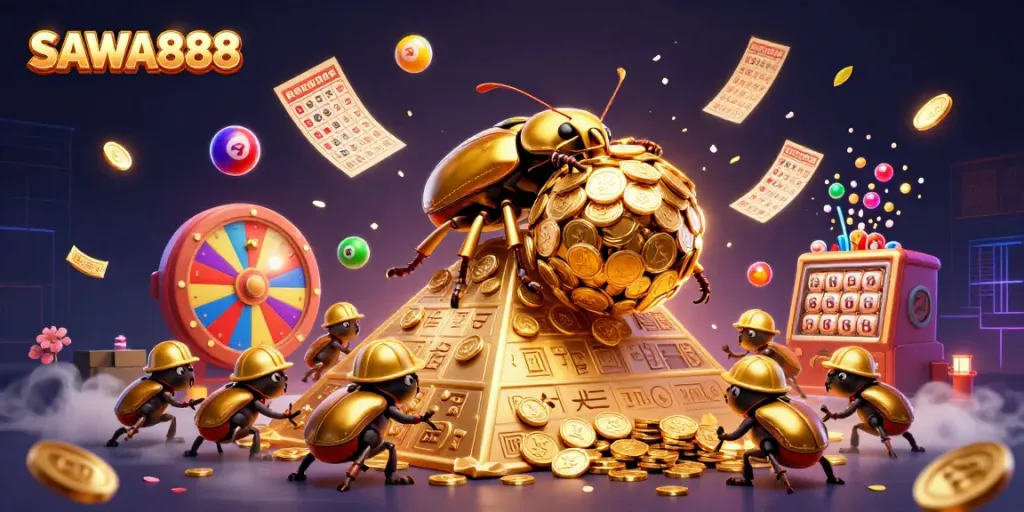 Experience gaming with SAWA888 as a golden dung beetle rolls coins in a vibrant, dynamic casino scene.