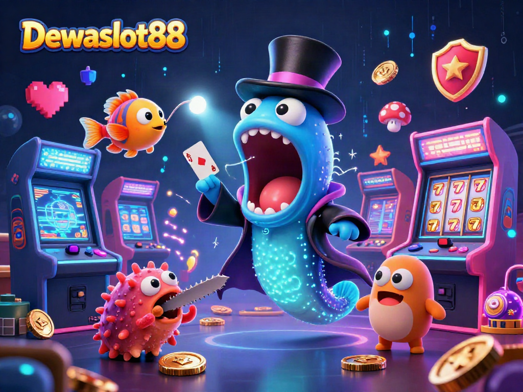 Dewaslot88 showcases a playful scene with deep-sea creatures performing magical card tricks amidst glowing slot machines.