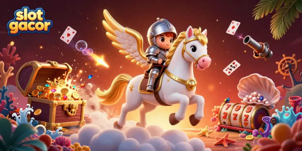 Mainkan slot gacor dengan keseruan 3D horse dan knight di latar belakang kasino.