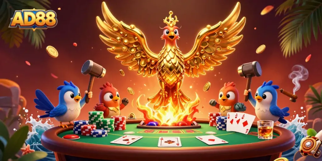 Experience AD88's dynamic gaming scene with golden phoenix and poker action.