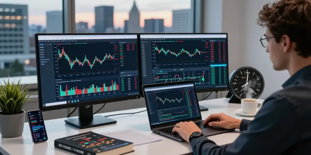 Trader using Metatrader VPS in a modern workspace with dual monitors and city skyline.